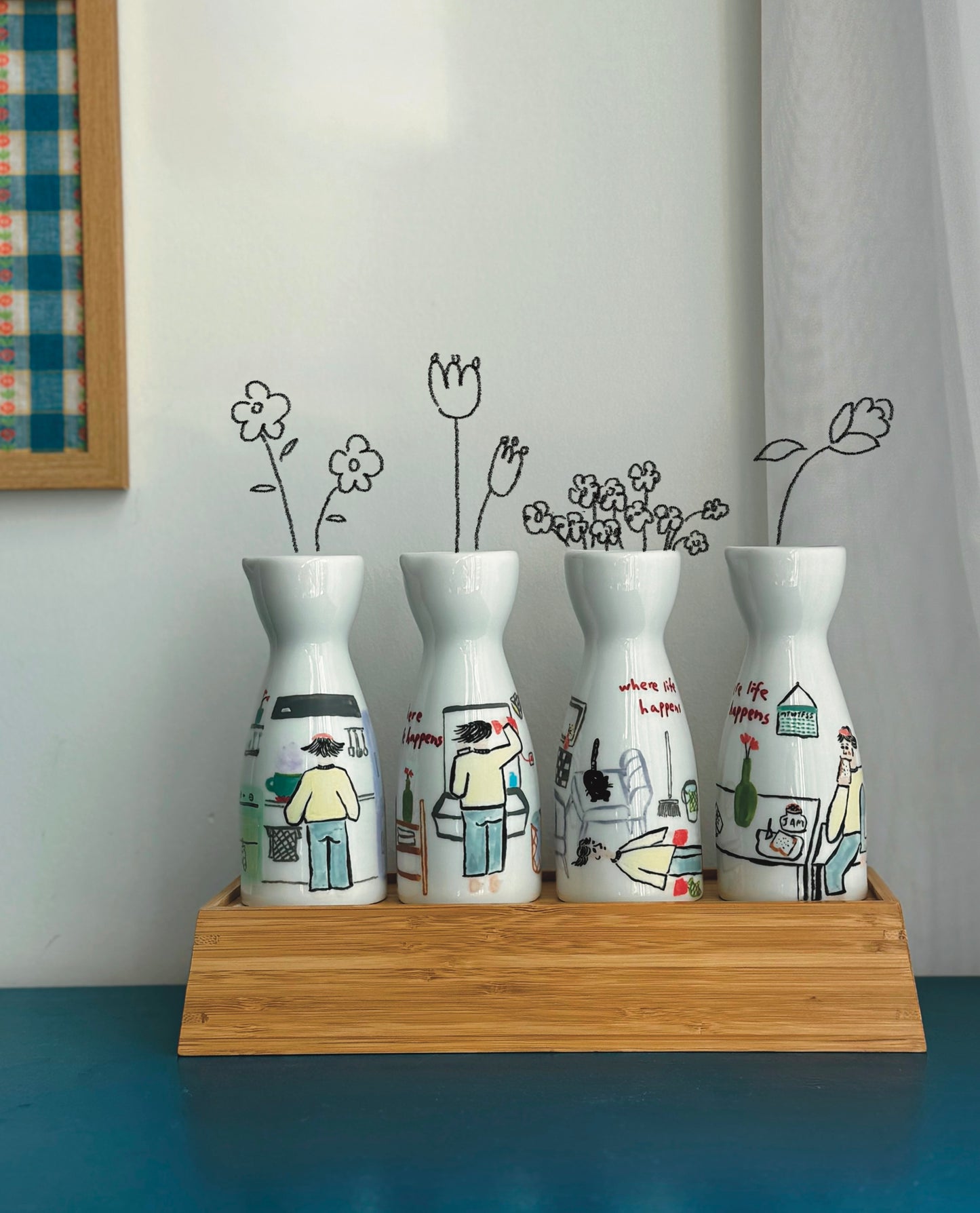 ‘Where Life Happens’ Hand-drawn Vase Set of 4
