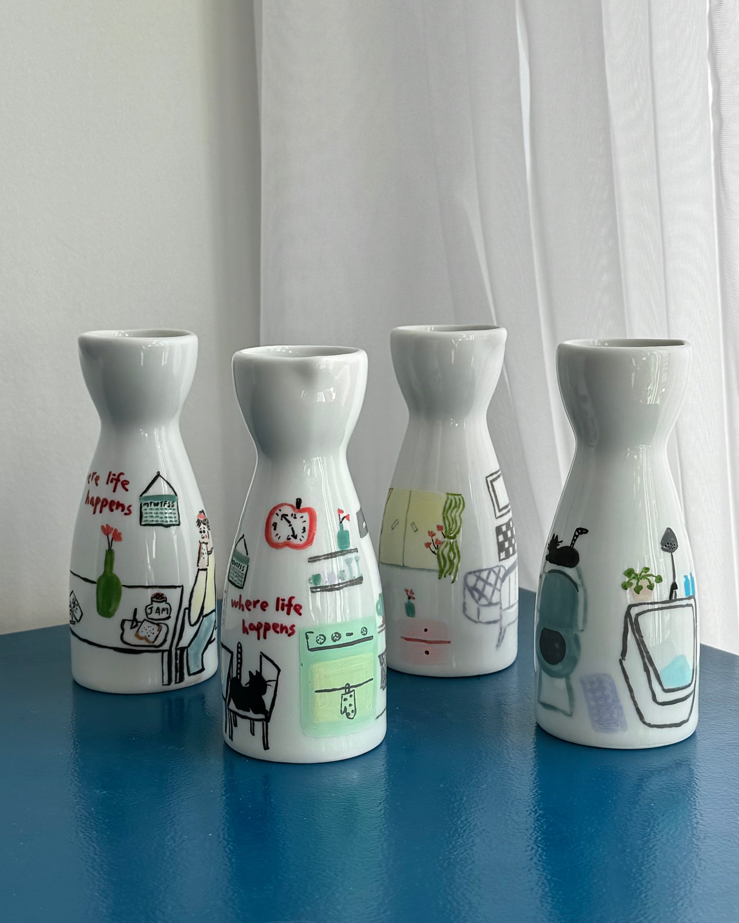 ‘Where Life Happens’ Hand-drawn Vase Set of 4