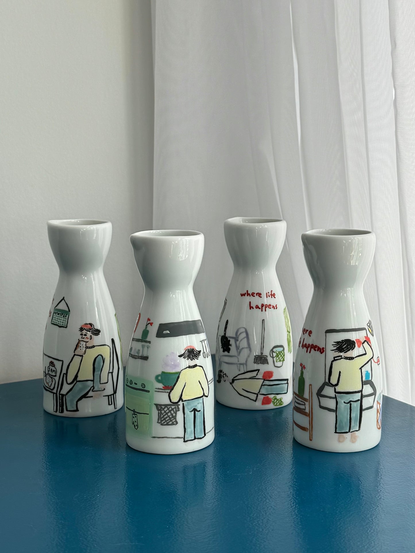 ‘Where Life Happens’ Hand-drawn Vase Set of 4