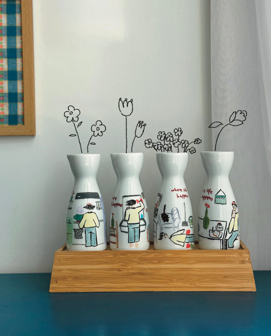 ‘Where Life Happens’ Hand-drawn Vase Set of 4