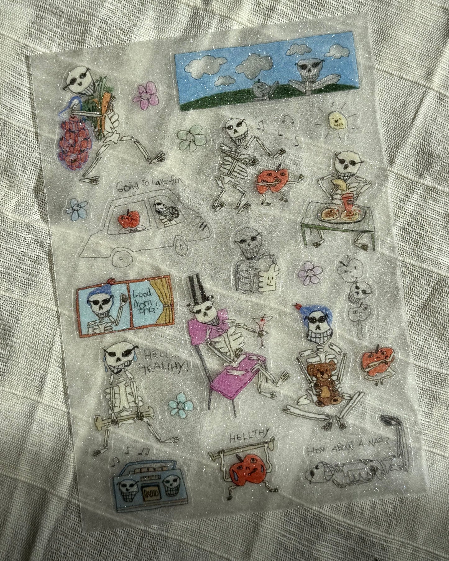 ‘Mr. Skeleton and An Apple’ Semi Transparent Sticker Sheet